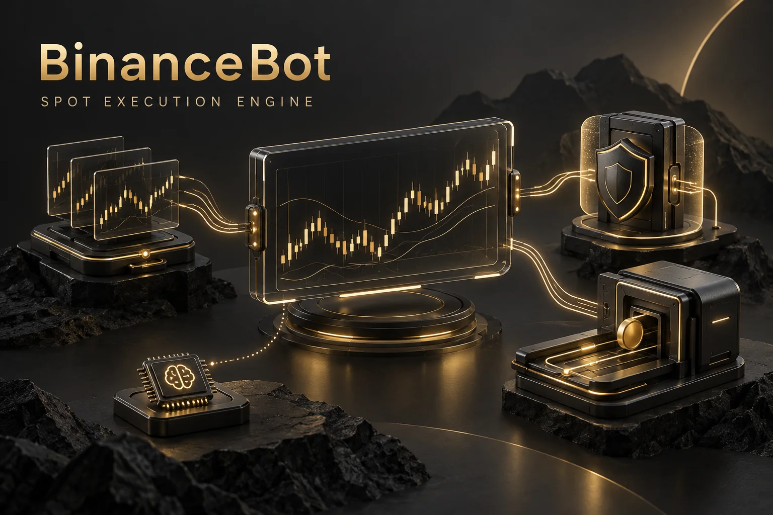 Concept illustration of BinanceBot: market signals connected to risk controls, Spot execution and a local AI observer