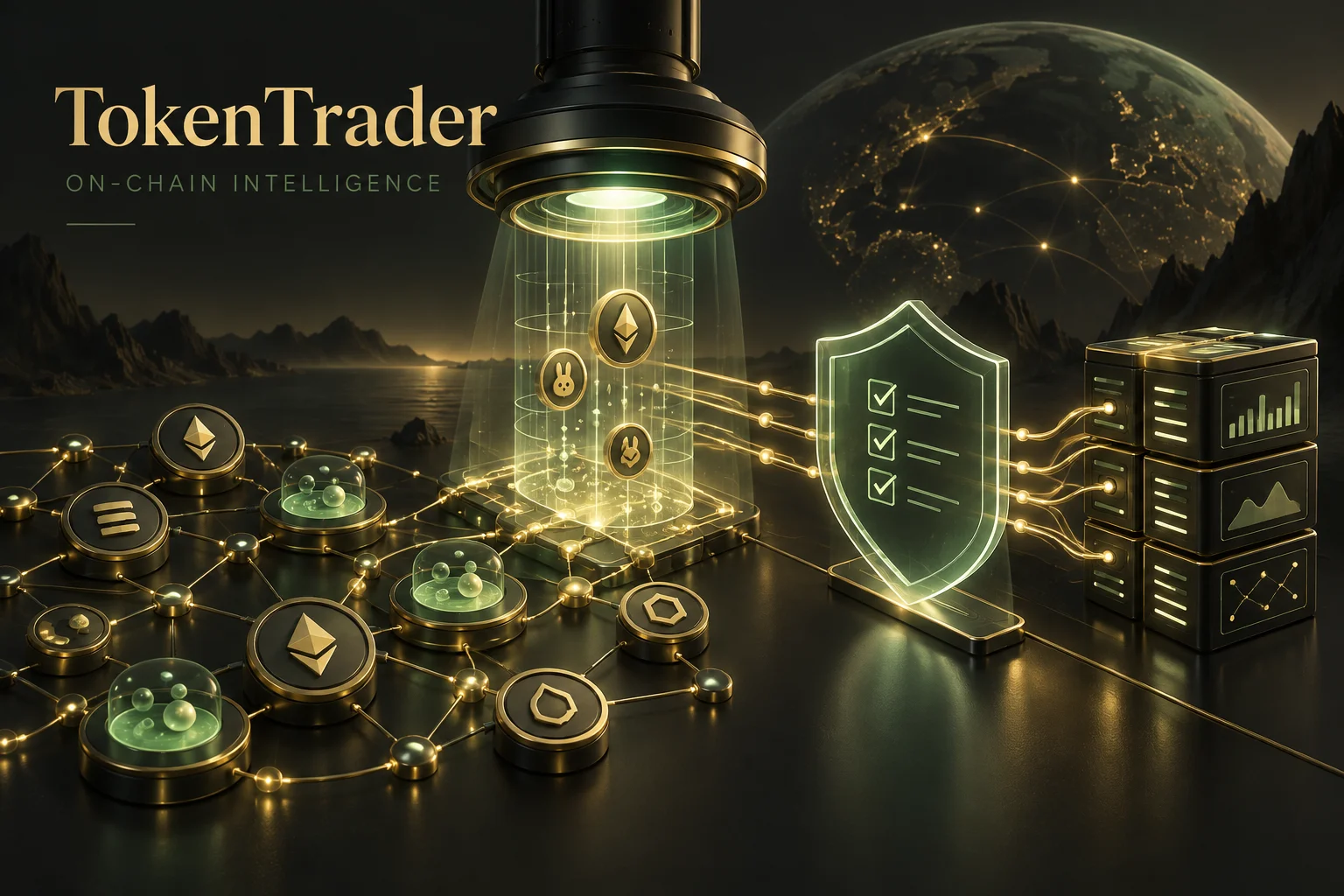 Concept illustration of TokenTrader: token discovery scanner, security screening and connected data archives